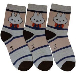 Kids Crew Socks 3-Pack NWOT | Gray Pink Blue Striped Bunny Design | Size 2-5